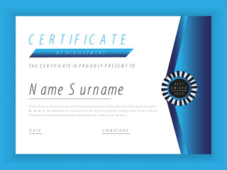 Blue and gold certificate of achievement template with gold badge and border Professional Award Certificate Template 
