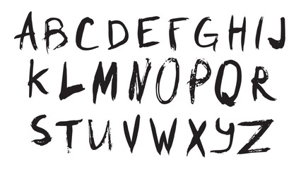 English alphabet is made in black ink and drawn with dry wide brush, letters in grunge style on white background, distressed alphabet, black ink dirty texture capital letters, letters for logo design