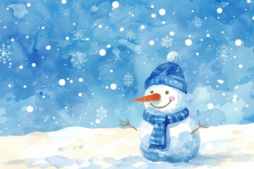 Fototapeta premium Cheerful snowman in blue cap and scarf amidst snowflakes winter holiday greeting card design
