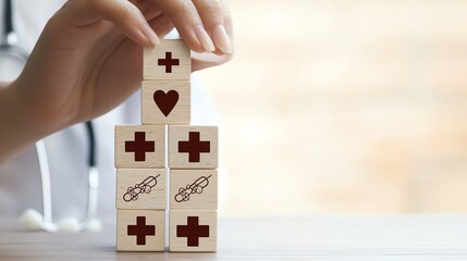 A hand places wooden blocks with health symbols, building a tower that represents care, compassion, and medical themes.