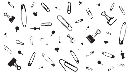 Pattern with office supplies on white background, school stationery background, vector binder clips of different designs, pattern with paper holder, black pattern with paper clips, needles and pins