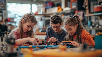 Children Collaborating on STEM Project in Workshop – Hands-On Learning and Teamwork in Science, Technology, Engineering, and Math