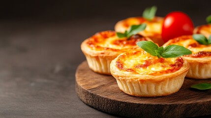 Delicious mini quiches garnished with fresh basil and cherry tomatoes