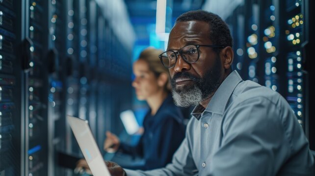 Focused IT Professional Analyzing Data on Laptop in Advanced Server Room with Diverse Team for Efficient Network Managementtechnology