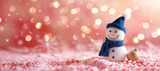 Cheerful snowman in blue cap and scarf against winter wonderland background for holiday greetings