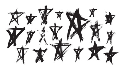 Set of black grunge stars made with wide brush on white background, vector abstract stars for design, vector grunge elements for design, sloppy black ink brushstroke style stars with scuffs