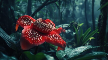 Rafflesia arnoldii, the world's largest flower, in full bloom amidst dense rainforest foliage, showcasing its unique beauty