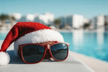 A Santa hat paired with sunglasses is placed on the edge of a poolside, symbolizing a unique blend of holiday spirit and vacation relaxation near the water.