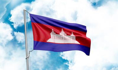 Cambodia flag waving on sky background. 3D Rendering