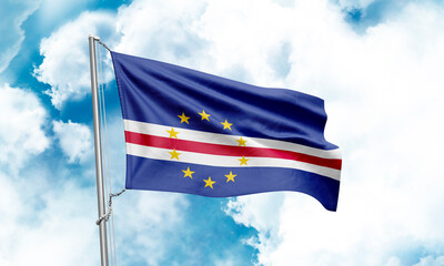 Cape Verde flag waving on sky background. 3D Rendering
