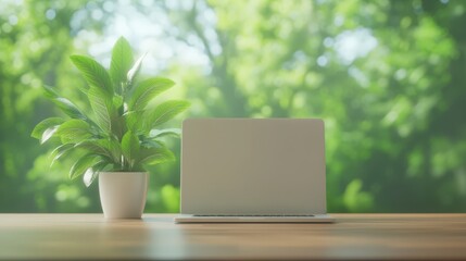 Peaceful workspace with laptop and plant