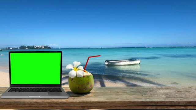 Digital Nomad life in Tropical Island, and remote work in Mauritius Island, green screen laptop
