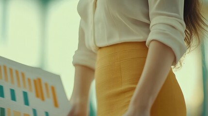 Businesswoman at her desk, reviewing a detailed financial analysis with a confident expression, prepared to lead the discussion.Woman wears short micro skirt and high heels