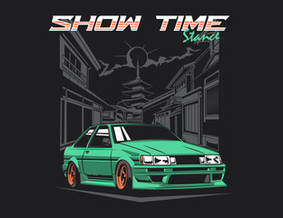 90s car with Japanese traditional urban scene background illustration vector graphic