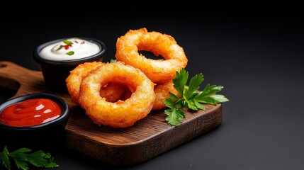 Crispy onion rings served with dipping sauces