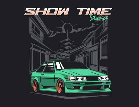 90s car with Japanese traditional urban scene background illustration vector graphic