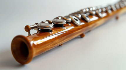 Fototapeta premium Detailed close-up of a flute focusing on its keys and mechanical structure, set against a white background.
