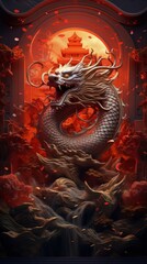 Obraz premium Majestic Golden Dragon on Vibrant Red Background. Generative AI.