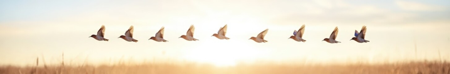 Fototapeta premium flock of birds flying in the sky at sunset