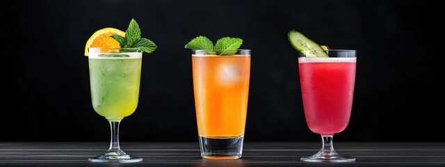 Refreshing summer cocktails on a dark background