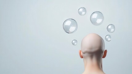 A bald head is seen from behind, with soft, translucent bubbles floating above it against a pale background.