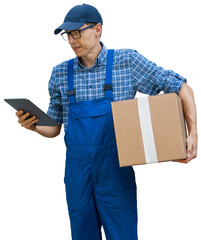 Delivery man in uniform with digital tablet
