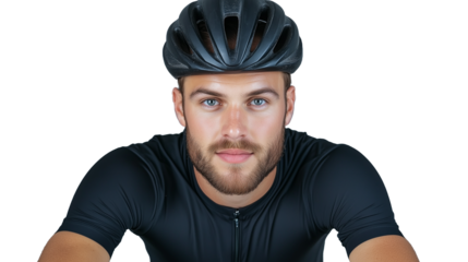Close-up of a cyclist with a confident expression and helmet