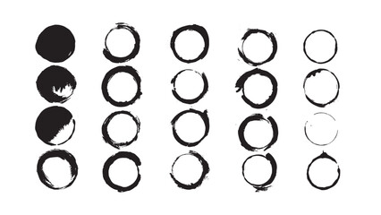 Set of grunge spots in the form of rings, rounded brush effect, set of grunge round shapes on white background, vector grunge circles, brushes of different designs for decoration, dry brush strokes