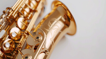 Naklejka premium Close-up of a gold saxophone, highlighting intricate keys and craftsmanship, isolated on a neutral background.