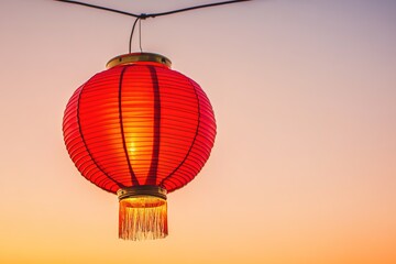 Obraz premium Red lantern against sunset sky, symbol of Asian culture
