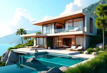 Fototapeta premium Luxury hotel swimming pool, Modern and luxury house.