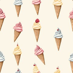 Vintage Summer ice cream cone pattern on vintage beige fabric background, seamless repeating pattern, textile print style, minimal, Summer design, seamless ice cream cone pattern, home decor, textiles