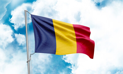 Chad flag waving on sky background. 3D Rendering