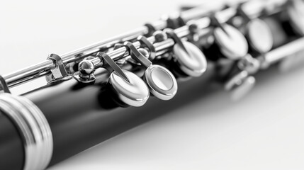 Fototapeta premium Detailed close-up of a black clarinet, showcasing its keys and body, isolated on a white background.