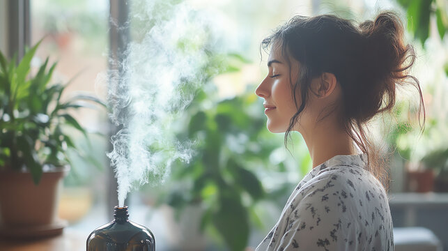 Rear perspective of clinician using aromatherapy, oil diffuser and plants, traditional watercolor style, soft and calming palette, highlighting the blend of medicine and nature