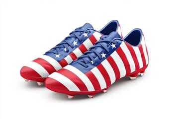 Patriotic soccer cleats designed with red, white, and blue stripes against a white isolated background.