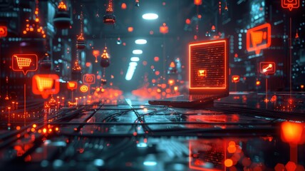 Futuristic Cyber Landscape with Floating Digital Icons of Shopping Carts and Laptops in a Neon Lit Data Center Setting Emphasizing E-commerce and Technologycyber landscape