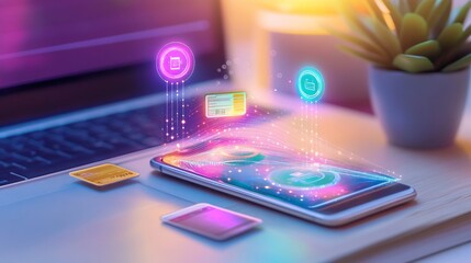 Fototapeta premium A smartphone with digital icons above it, symbolizing technology.