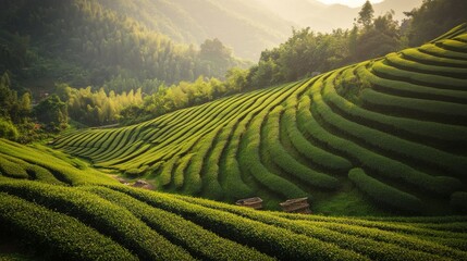 Fototapeta premium A serene tea plantation with rows of tea bushes on rolling hills, Traditional tea picking baskets and tools in use, Tea culture style
