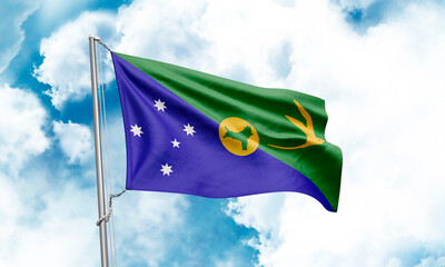 Christmas Island flag waving on sky background. 3D Rendering