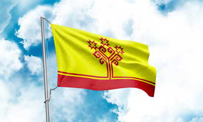 Chuvashia flag waving on sky background. 3D Rendering