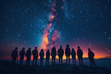 Silhouetted Group of People Standing on Cliff Gazing at Vibrant Milky Way Galaxy Under a Clear Starry Night Sky with Cosmic ColorsSilhouette