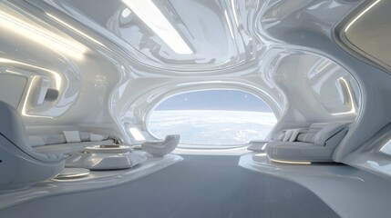 Obraz premium Futuristic Spaceship Interior with Modern Furnishings and Galactic Views | Ultra-Detailed Sci-Fi Ray Tracing Illustration