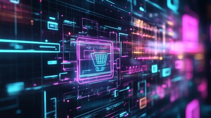 Obraz premium Digital shopping cart icon in a futuristic tech interface.