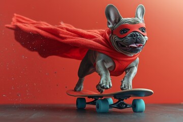 A French Bulldog is dressed up as a superhero dog standing on a skateboard