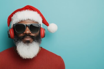 A stylish man with a white beard and Santa hat wearing sunglasses and red headphones against a teal background, embodying a modern holiday theme.