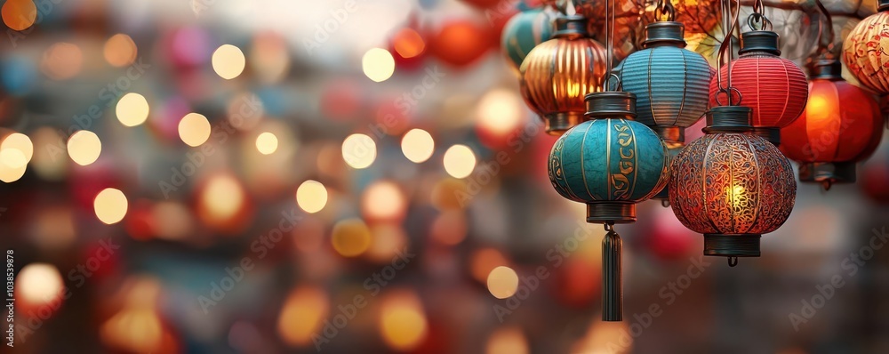 Poster a vibrant display of colorful lanterns glowing softly, creating a festive atmosphere with a bokeh ba