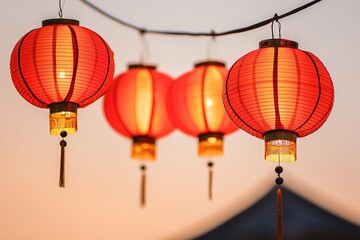 Red Chinese lanterns glowing at dusk, festive atmosphere.