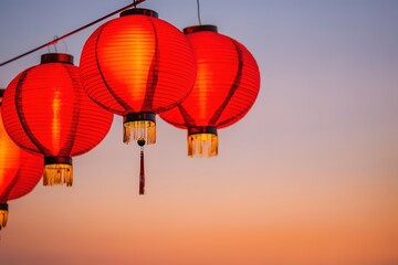 Obraz premium Red Chinese lanterns hanging against a twilight sky