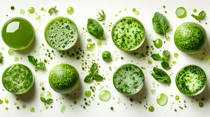 Flat lay of matcha tea in various forms, including powder, liquid, and leaves, on a white background.